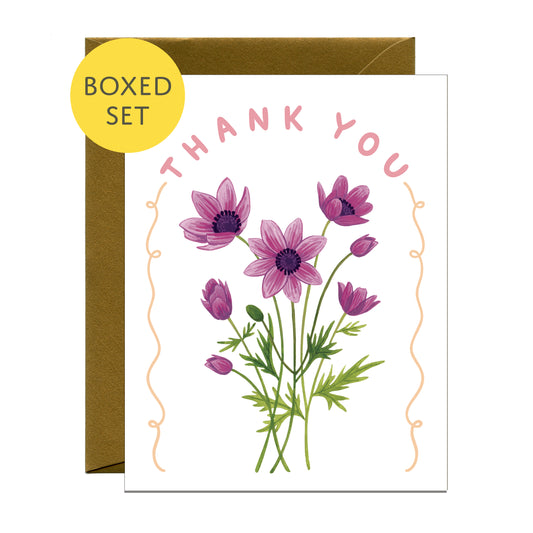 ANEMONES PURPLE FLOWER THANK YOU GREETING CARDS, BOXED SET OF 8