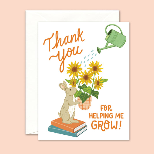 BUNNY HOLDING SUNFLOWERS - TEACHER APPRECIATION GREETING CARD