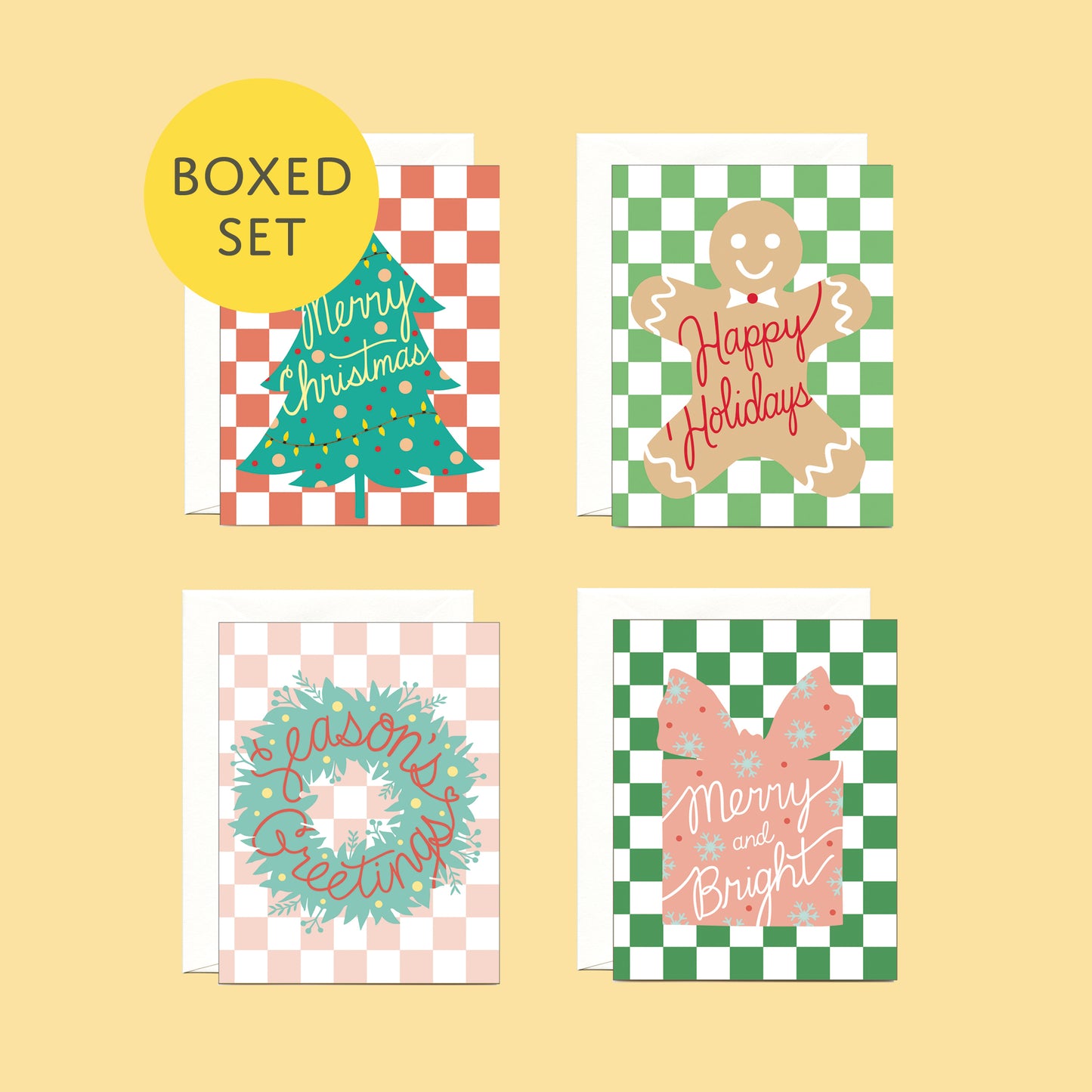 CHECKERED HOLIDAY CARDS, VARIETY BOXED SET OF 8