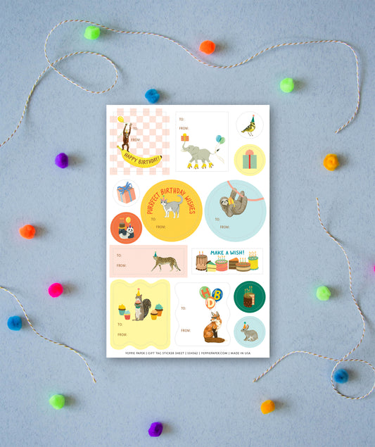 BIRTHDAY CRITTERS ADHESIVE GIFT TAG STICKER SHEETS - SET OF 3