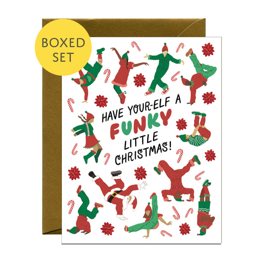 BREAKDANCING ELVES & SANTA - CHRISTMAS GREETING CARDS, BOXED SET OF 8