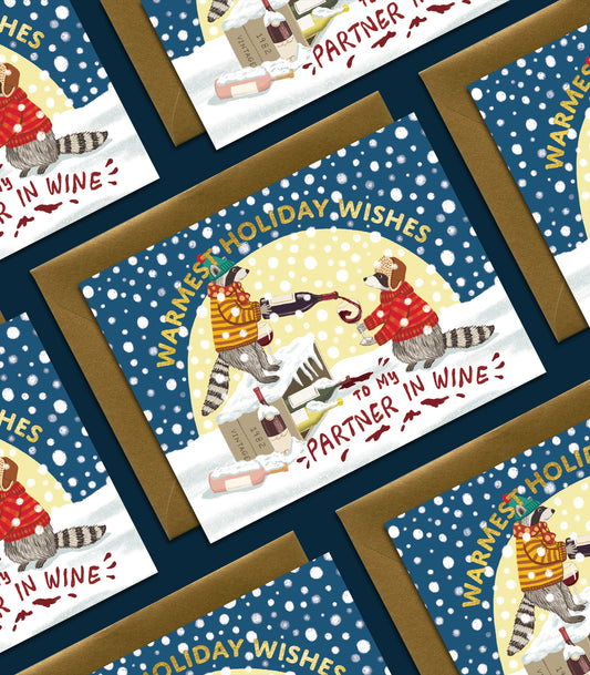 WINTER RACCOONS DRINKING WINE - HOLIDAY GREETING CARD