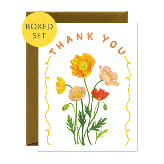 POPPIES ORANGE & PINK FLOWER THANK YOU GREETING CARDS, BOXED SET OF 8