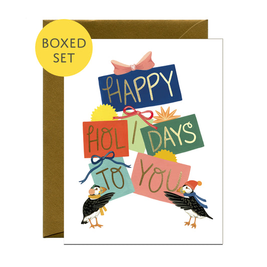 PUFFINS AND PRESENTS - HOLIDAY GREETING CARDS, BOXED SET OF 8