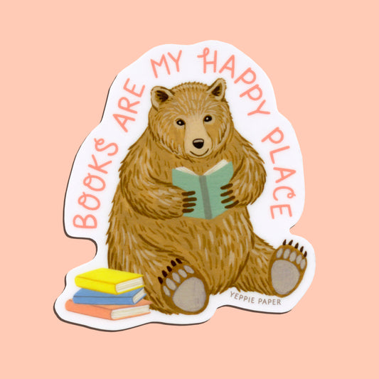 BOOKS ARE MY HAPPY PLACE BEAR - DIE CUT STICKER