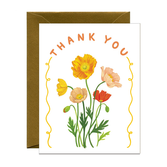 POPPIES ORANGE & PINK FLOWERS THANK YOU GREETING CARD