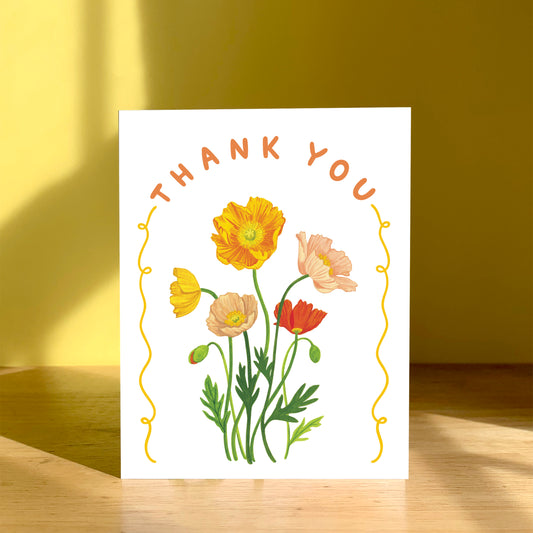 POPPIES ORANGE & PINK FLOWERS THANK YOU GREETING CARD