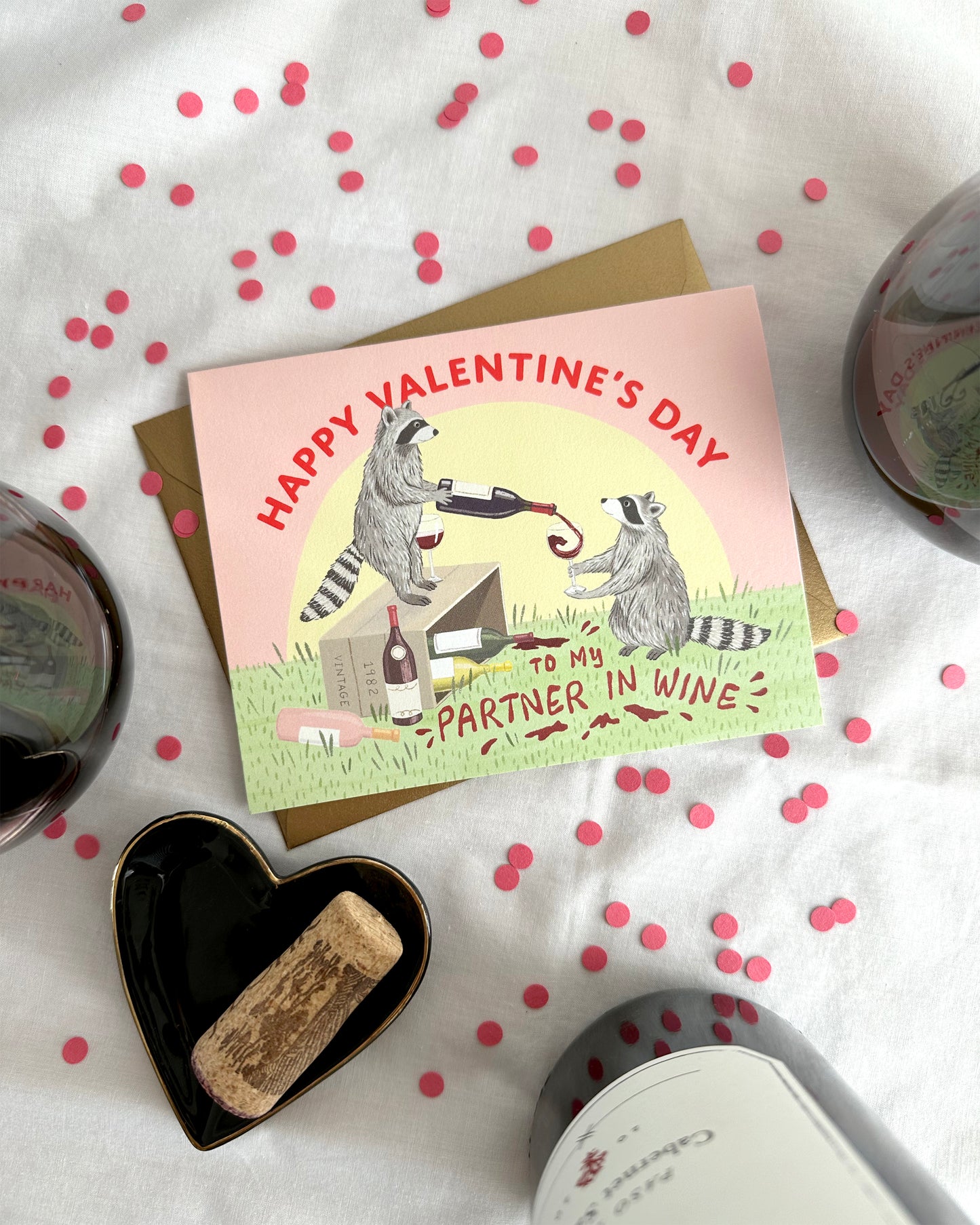 RACCOON PARTNER IN WINE - VALENTINE'S DAY GREETING CARD