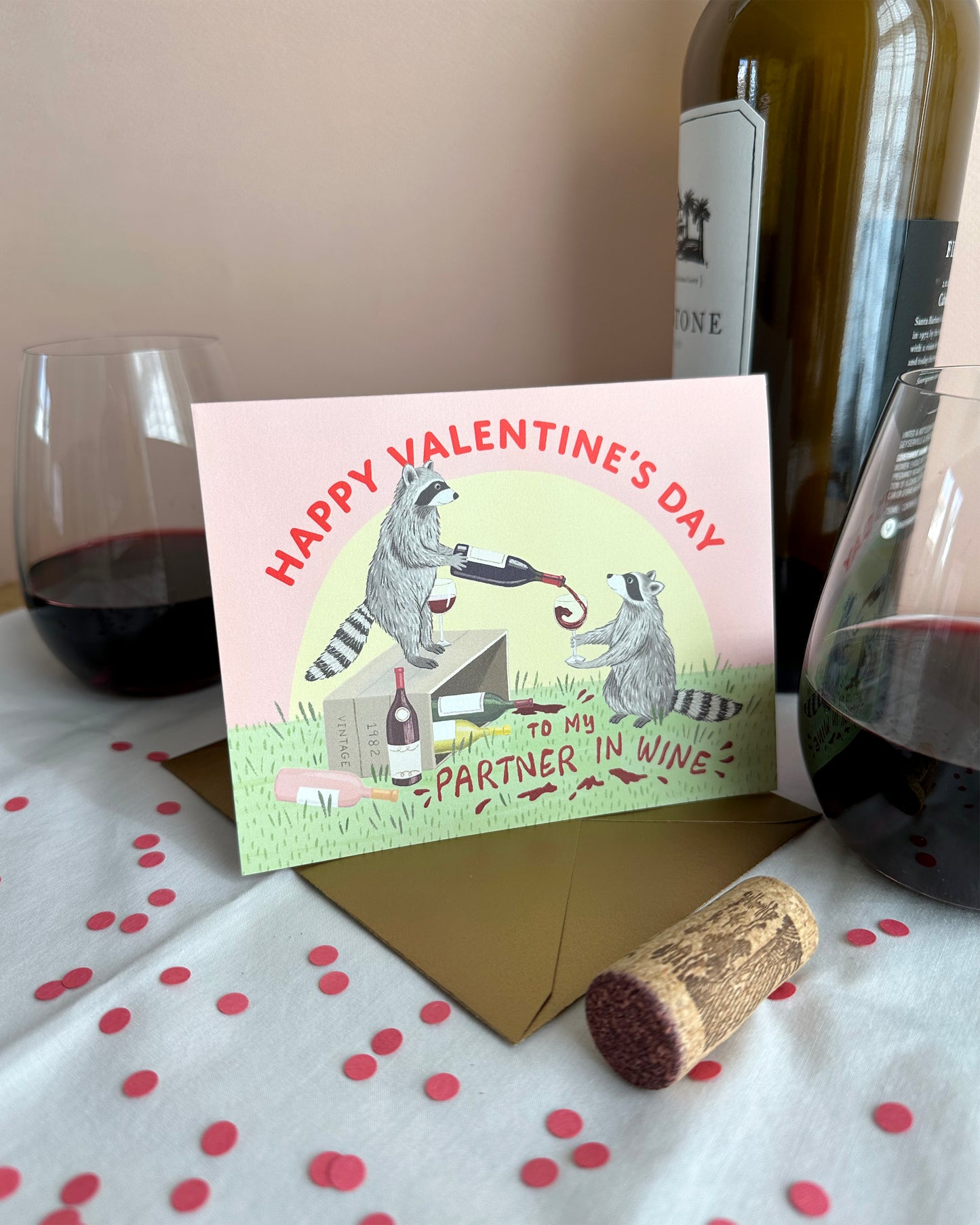 RACCOON PARTNER IN WINE - VALENTINE'S DAY GREETING CARD