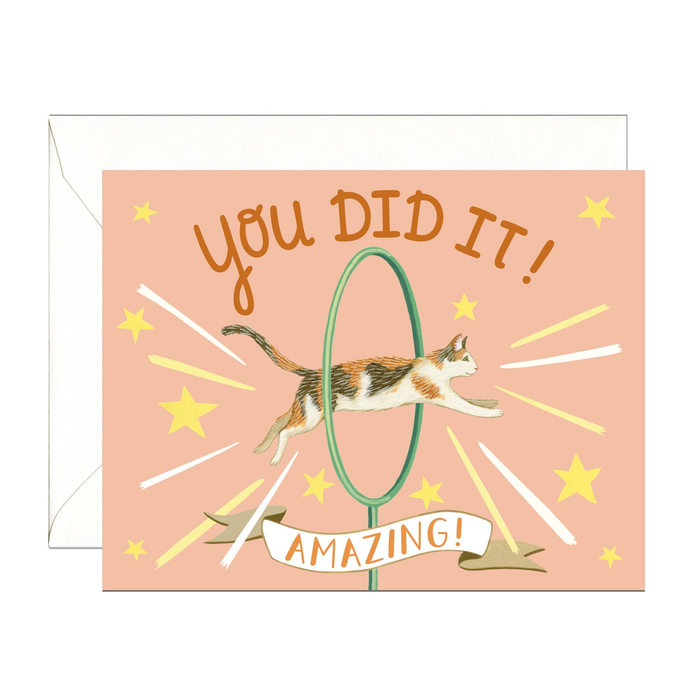 CAT JUMPING THROUGH HOOP - CONGRATULATIONS GREETING CARD