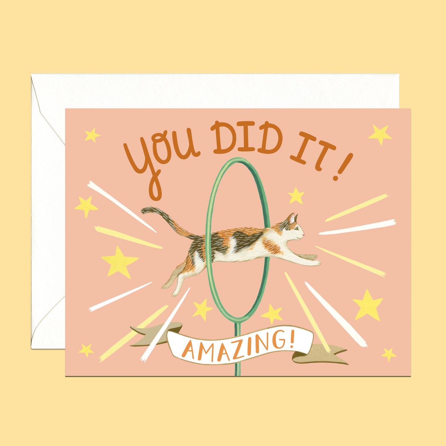 CAT JUMPING THROUGH HOOP - CONGRATULATIONS GREETING CARD