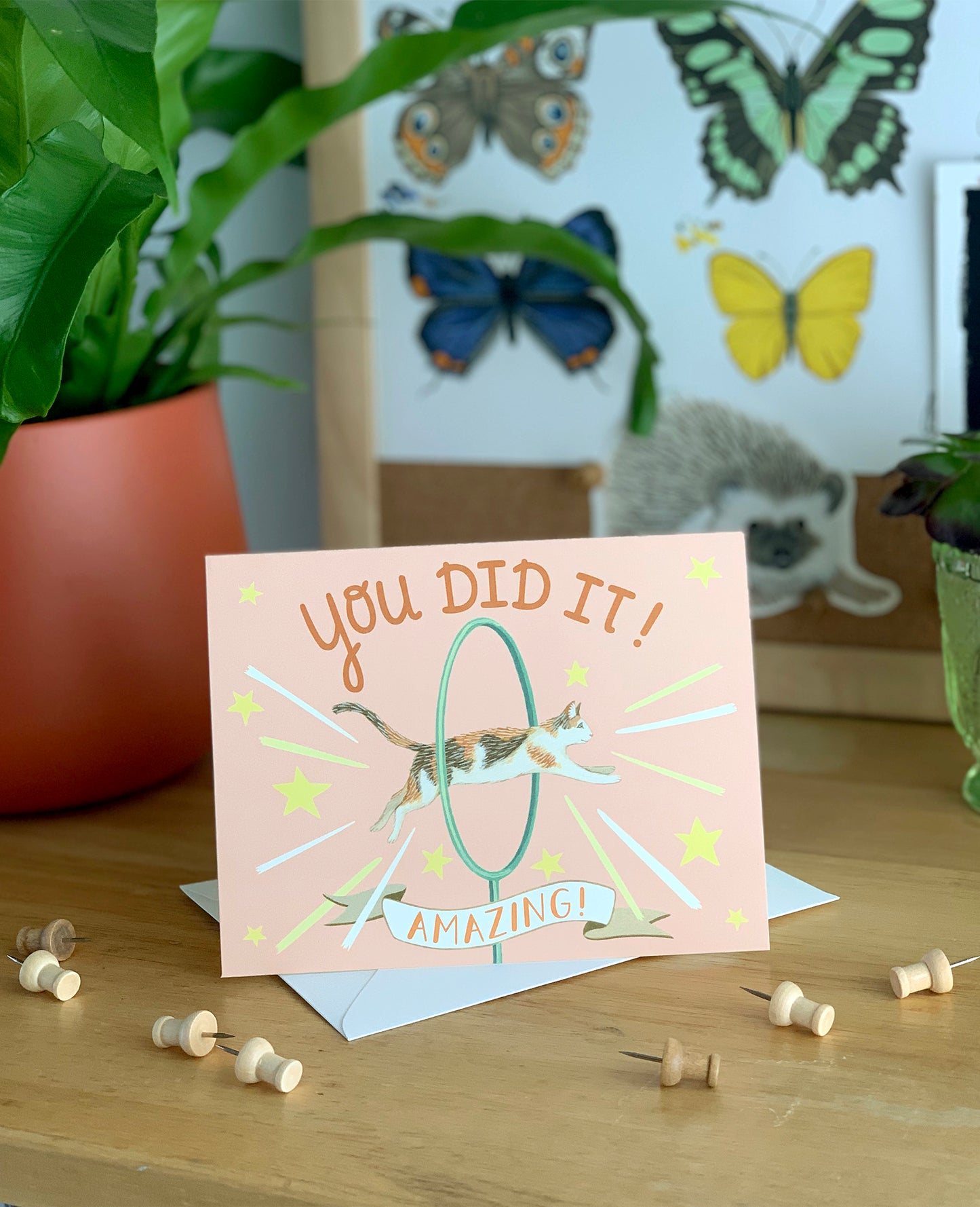 CAT JUMPING THROUGH HOOP - CONGRATULATIONS GREETING CARD