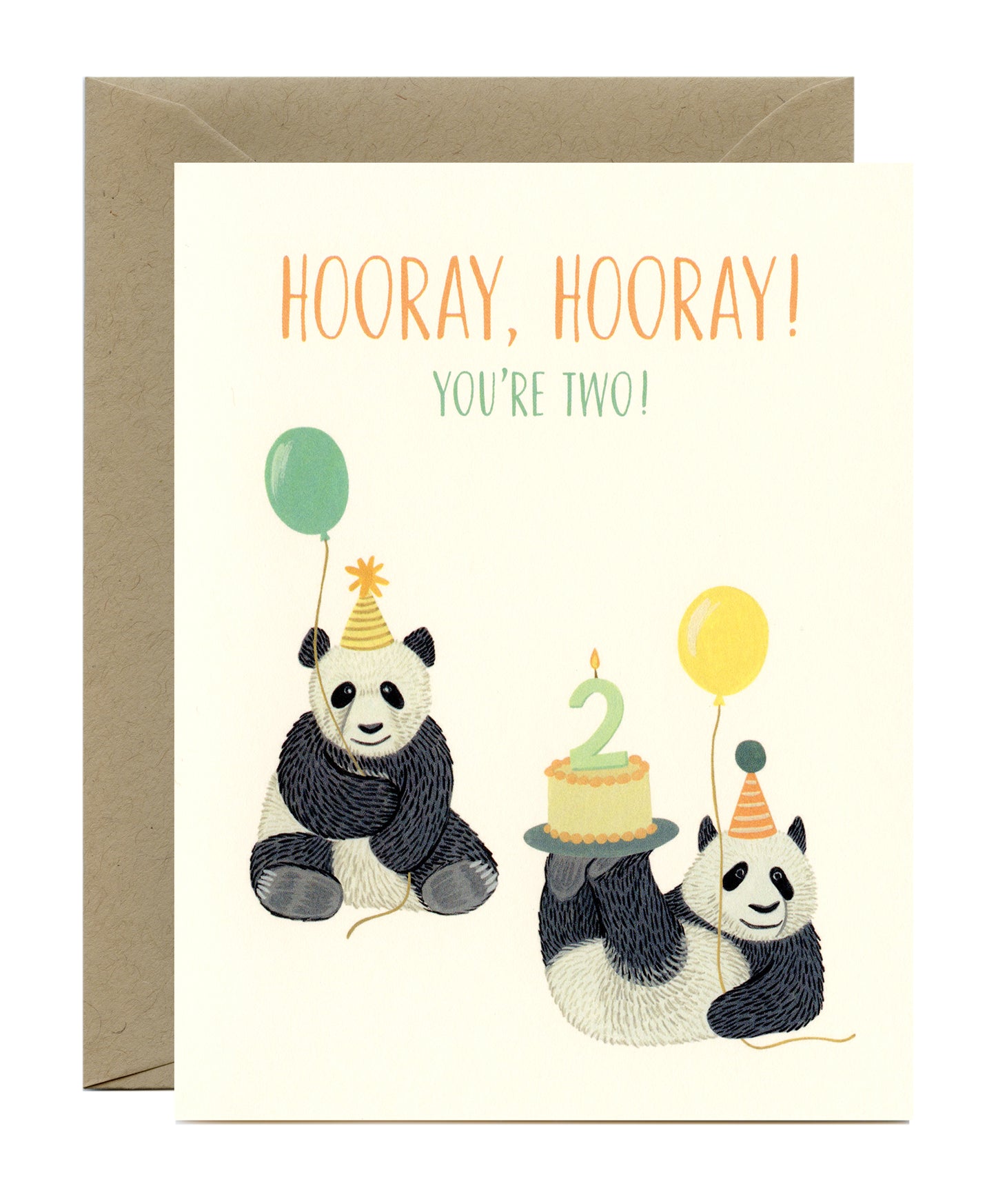 PANDAS, BALLOONS AND CAKE SECOND BIRTHDAY GREETING CARD