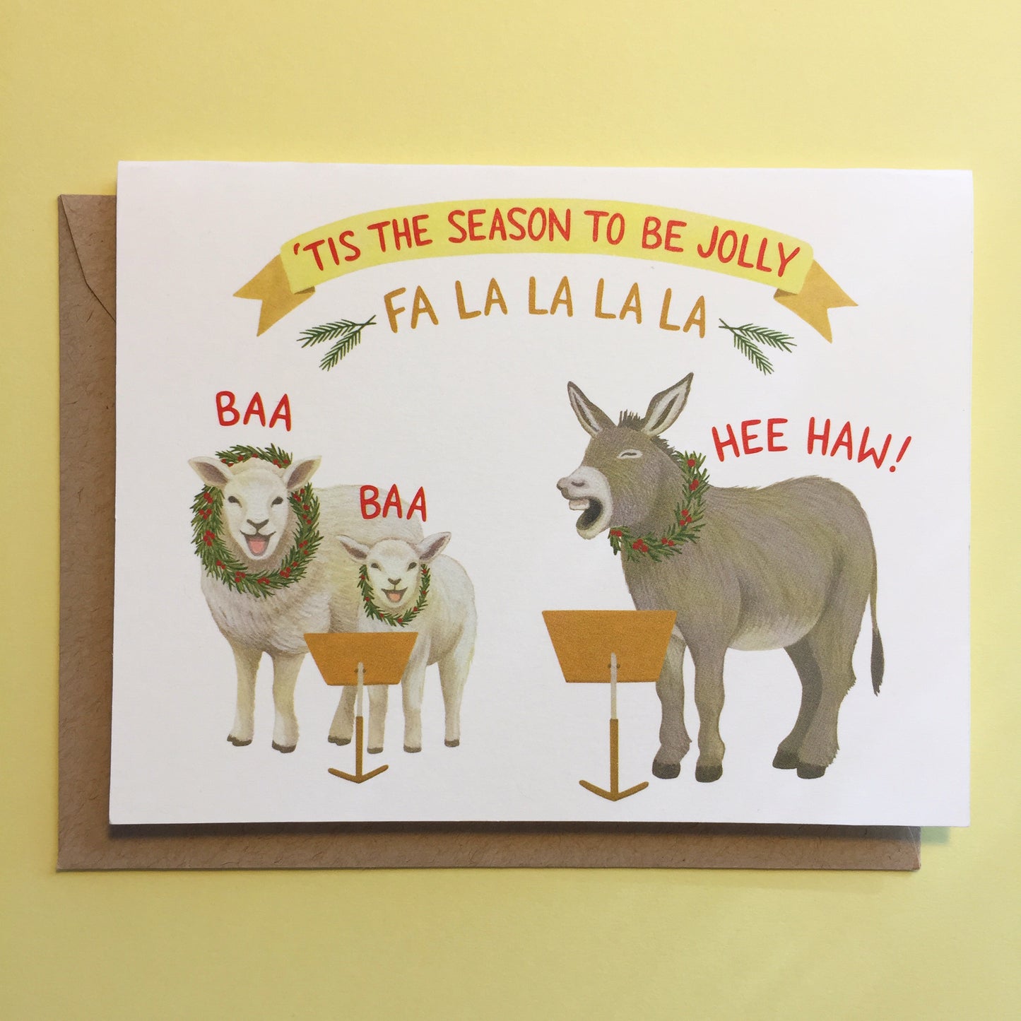 FA LA LA CAROLING DONKEY AND SHEEP - HOLIDAY GREETING CARD