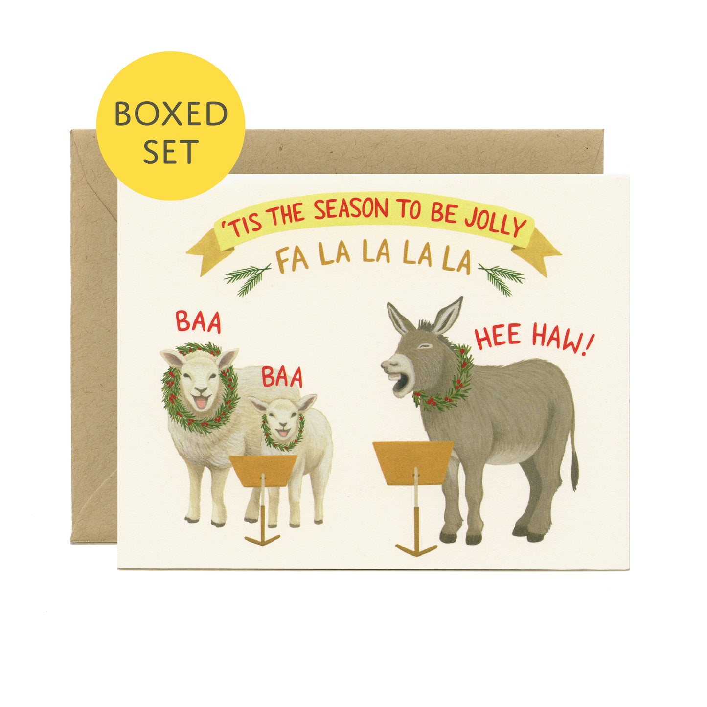 FA LA LA CAROLING DONKEY AND SHEEP - HOLIDAY GREETING CARDS, BOXED SET OF 8