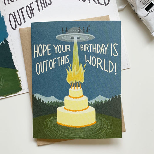 OUT OF THIS WORLD UFO, ALIENS AND CAKE - BIRTHDAY GREETING CARD