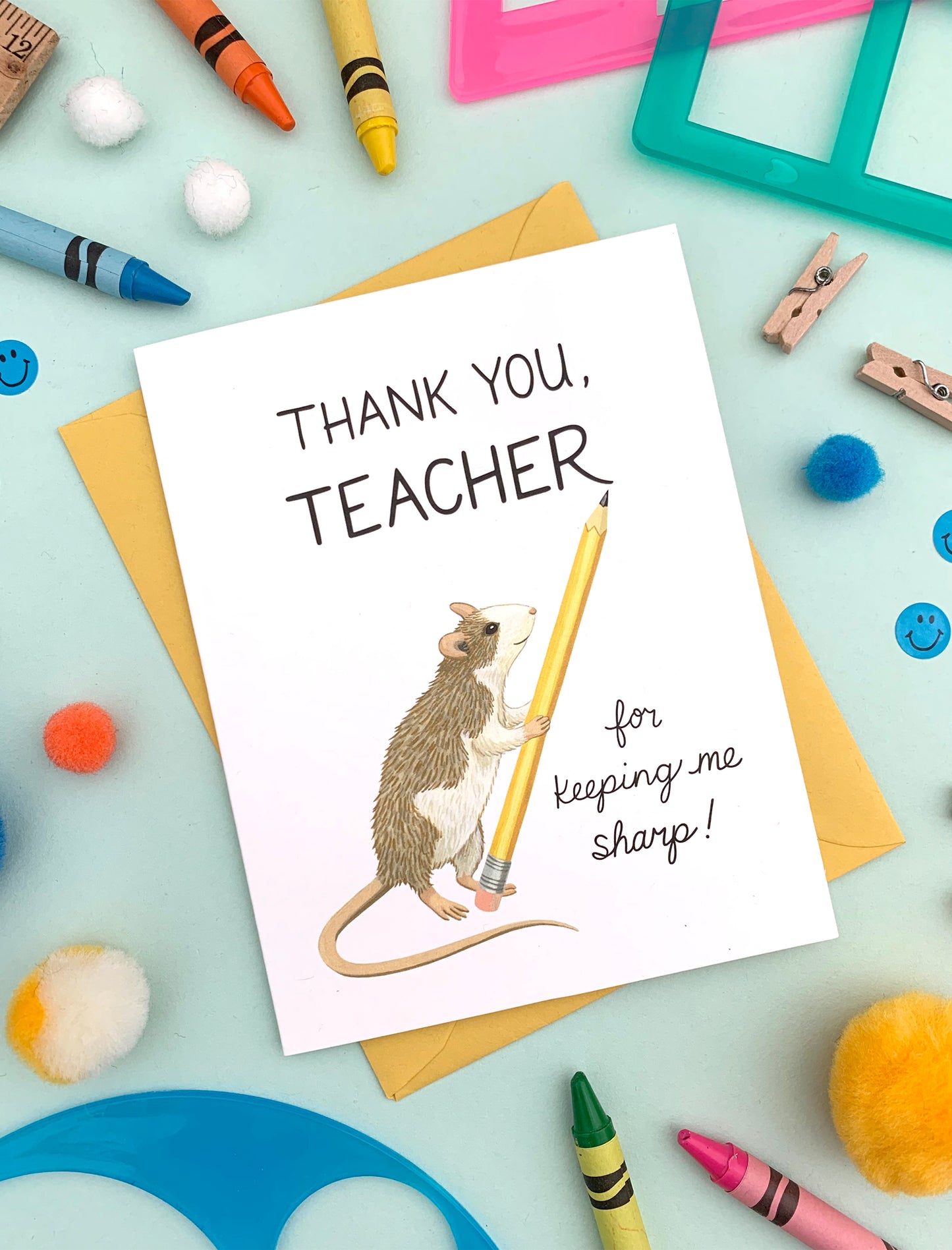 CUTE MOUSE WITH PENCIL - TEACHER APPRECIATION GREETING CARD