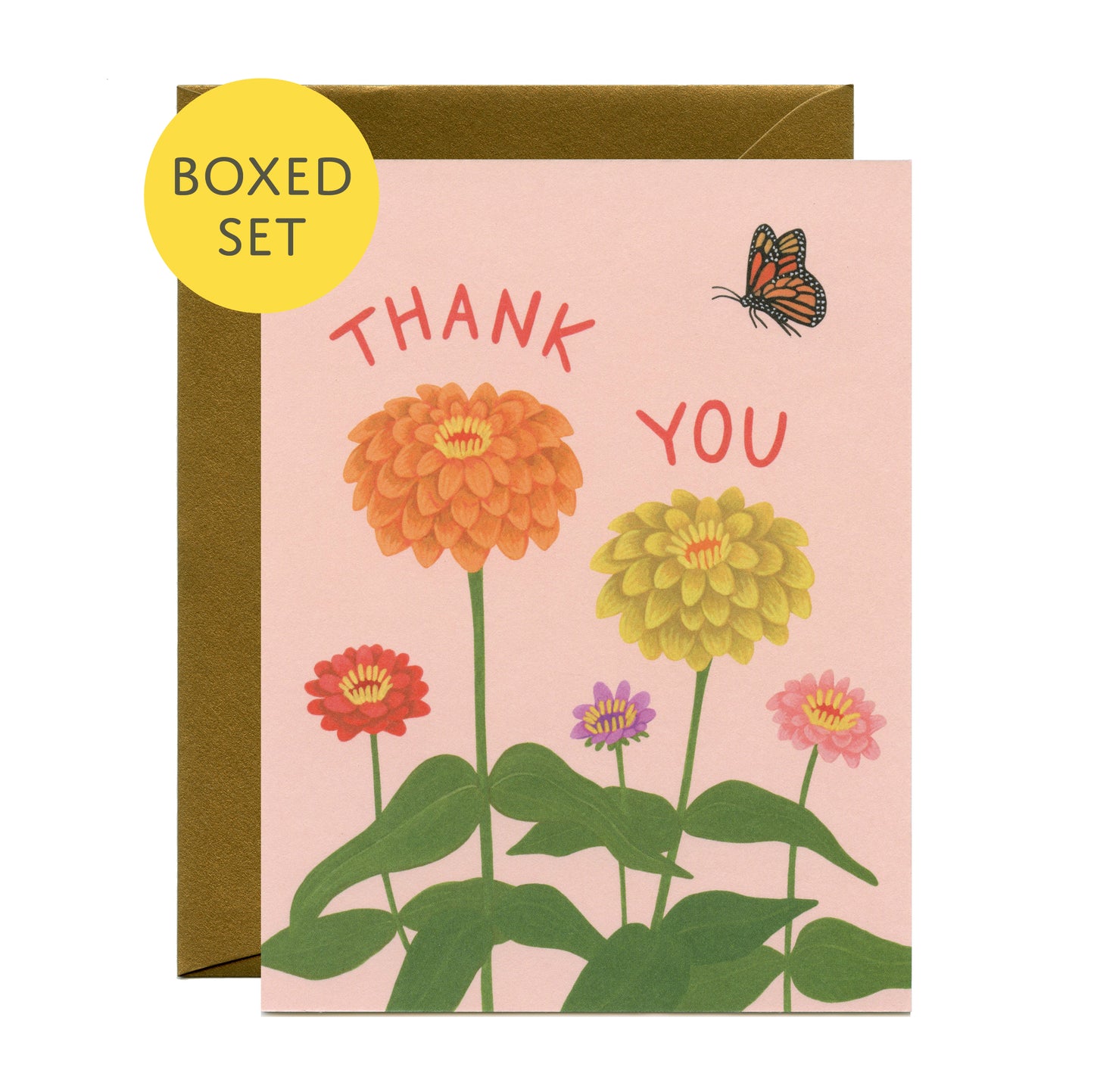 ZINNIA FLOWER AND MONARCH BUTTERFLY - THANK YOU GREETING CARDS, BOXED SET OF 8