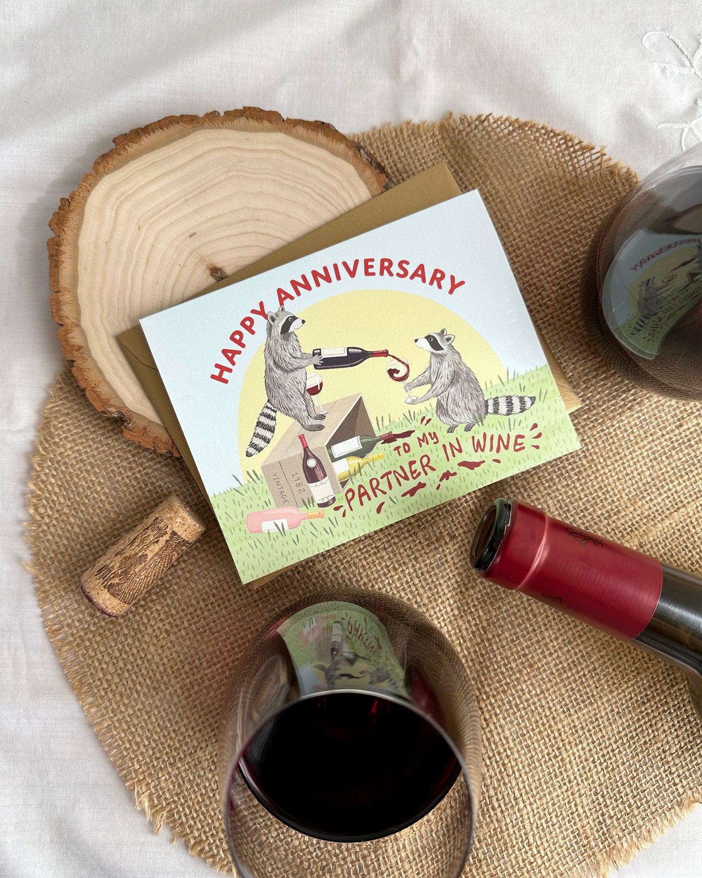 RACCOON PARTNER IN WINE - ANNIVERSARY GREETING CARD