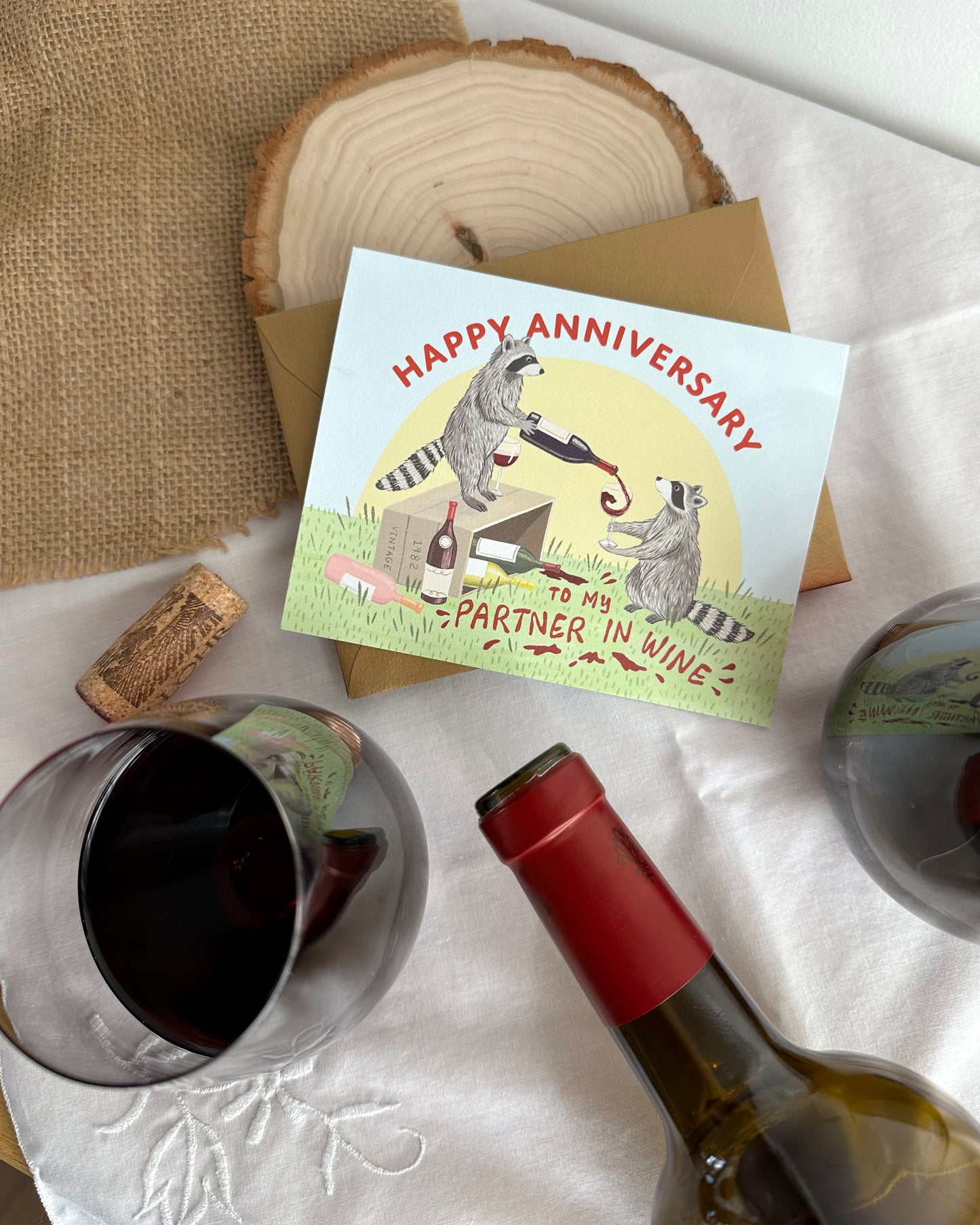 RACCOON PARTNER IN WINE - ANNIVERSARY GREETING CARD