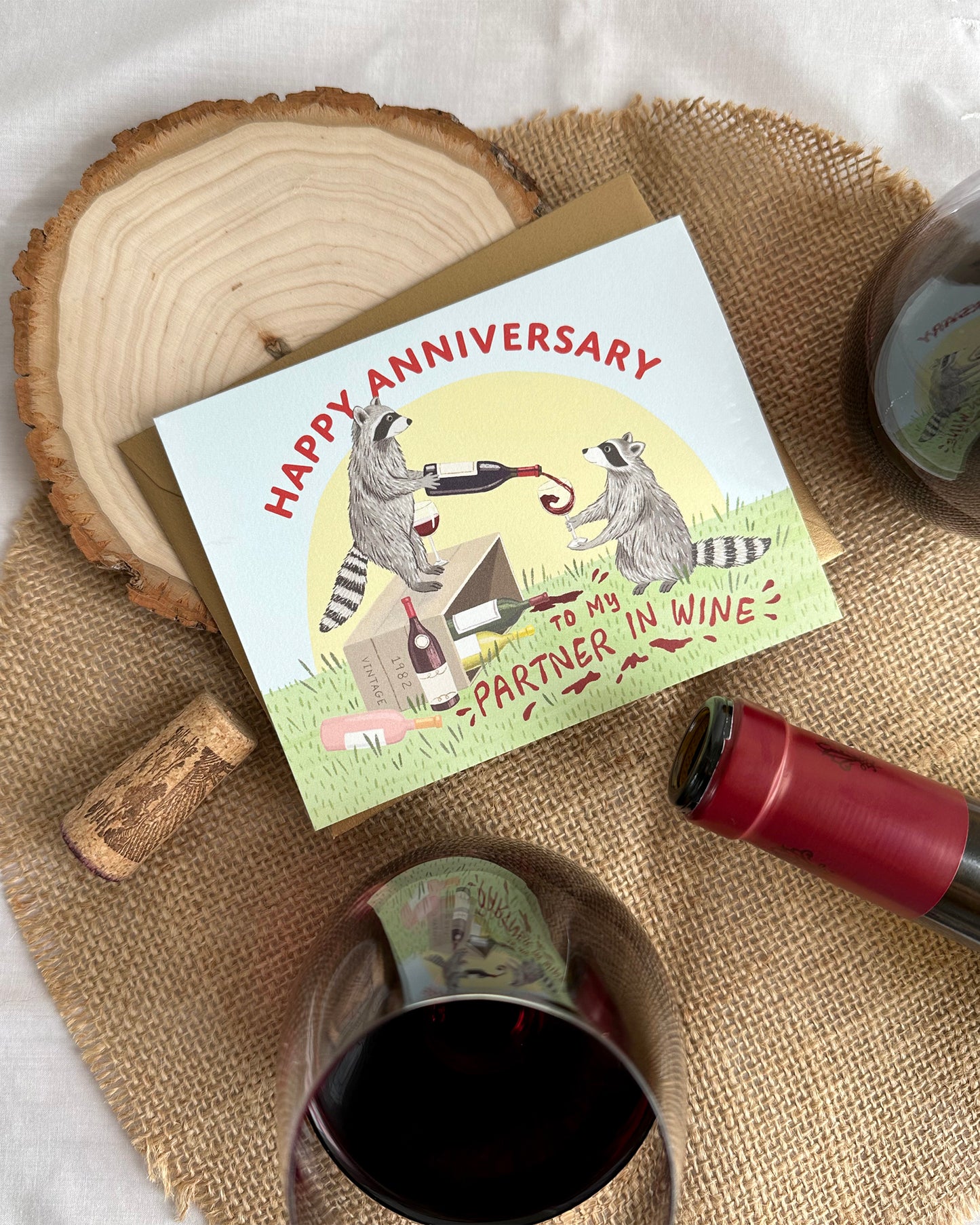 RACCOON PARTNER IN WINE - ANNIVERSARY GREETING CARD