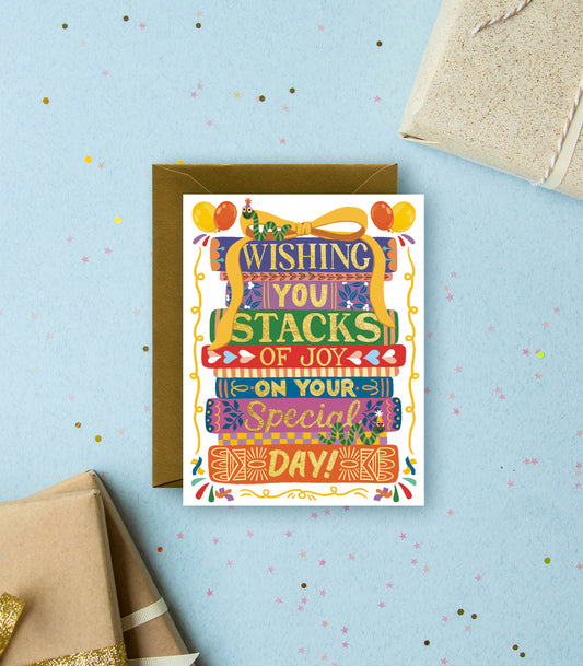 STACK OF BOOKS WITH BOOKWORMS - BOOKISH BIRTHDAY GREETING CARD