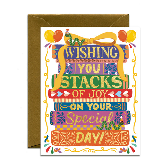 STACK OF BOOKS WITH BOOKWORMS - BOOKISH BIRTHDAY GREETING CARD