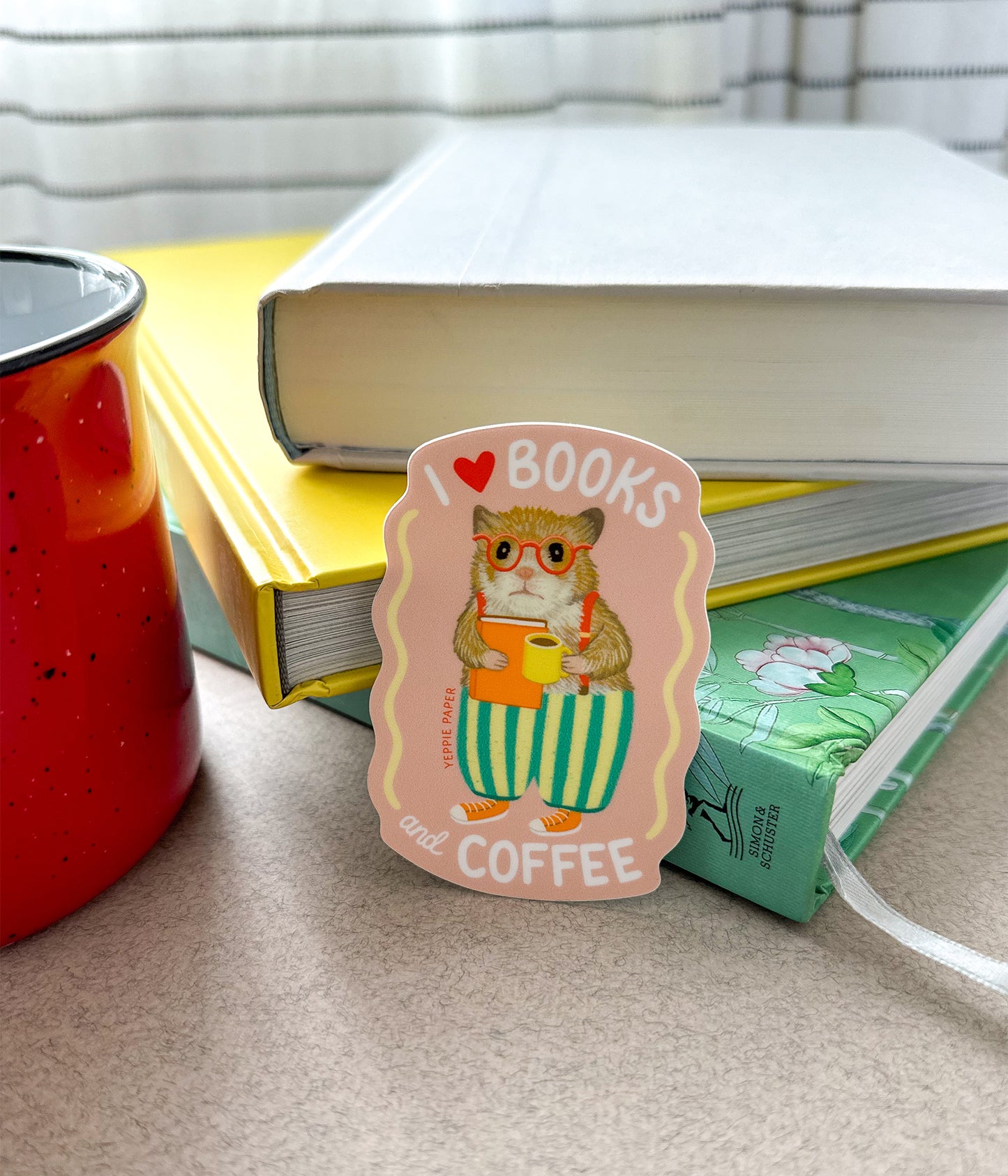 BOOKS AND COFFEE HAMSTER - DIE CUT STICKER