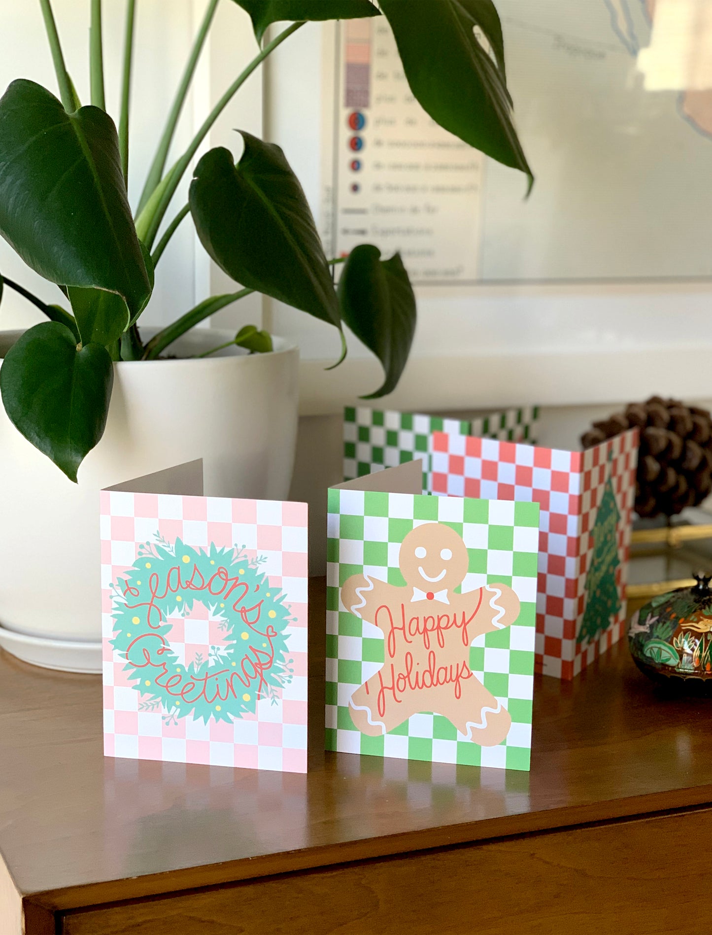 CHECKERED HOLIDAY CARDS, VARIETY BOXED SET OF 8