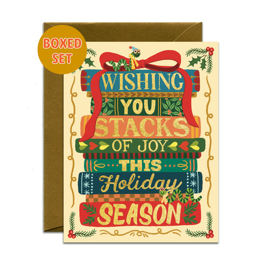 STACK OF BOOKS WITH BOOKWORMS - HOLIDAY GREETING CARDS, BOXED SET OF 6