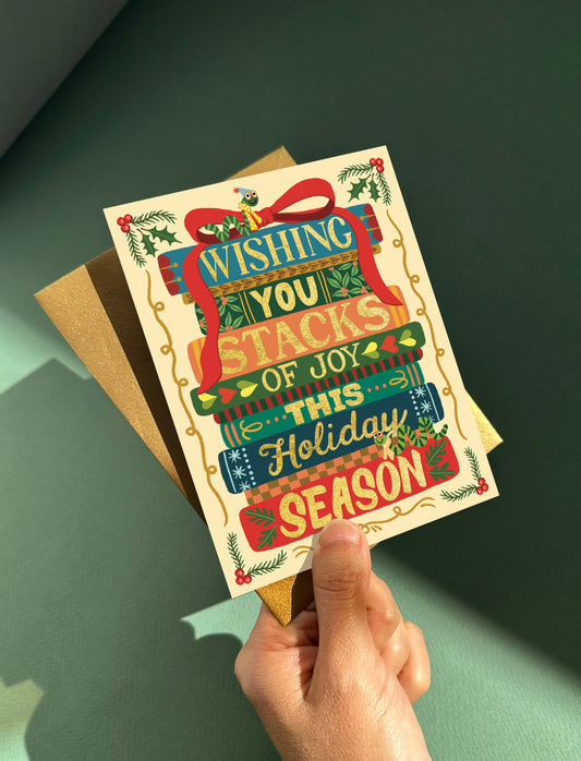 STACK OF BOOKS WITH BOOKWORMS - HOLIDAY GREETING CARD