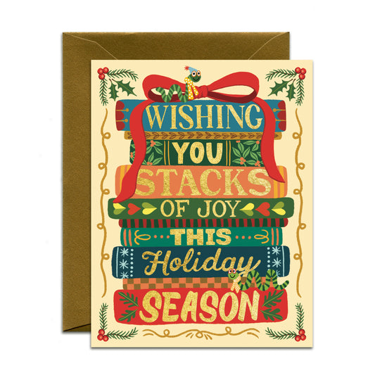 STACK OF BOOKS WITH BOOKWORMS - HOLIDAY GREETING CARD