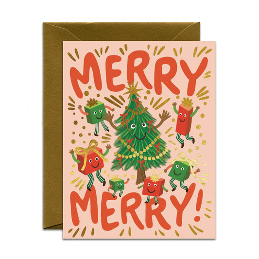 DANCING CHRISTMAS TREE AND GIFTS - HOLIDAY GREETING CARD