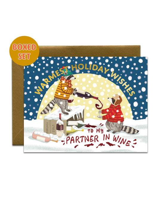 WINTER RACCOONS DRINKING WINE - HOLIDAY GREETING CARDS, BOXED SET OF 6