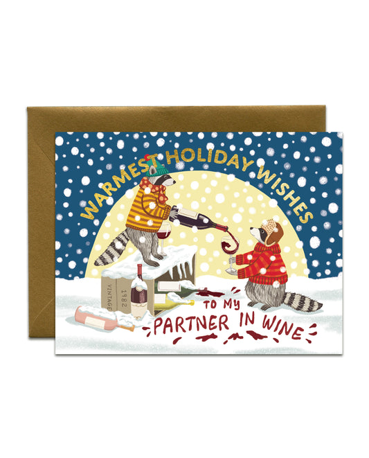 WINTER RACCOONS DRINKING WINE - HOLIDAY GREETING CARD