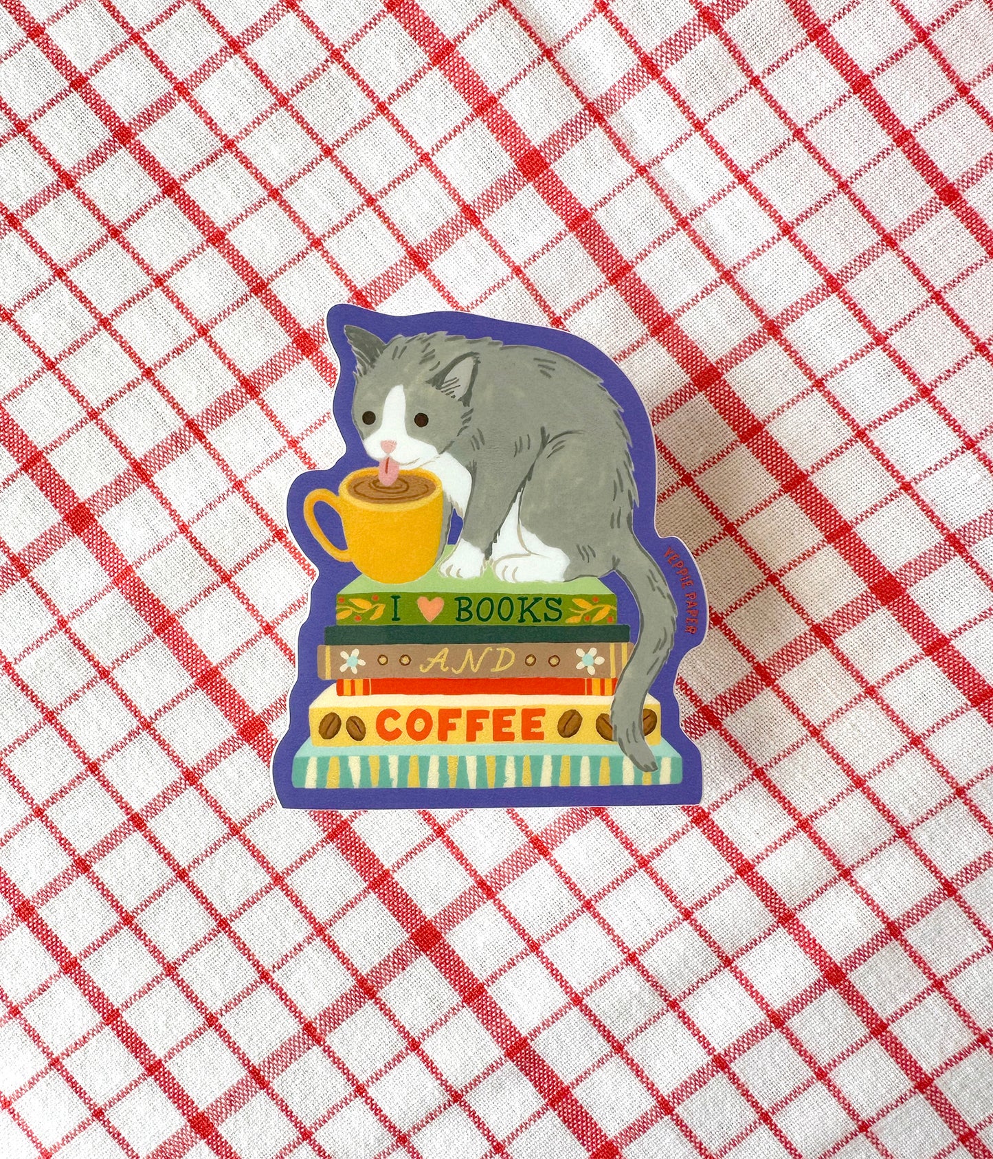 CAT, BOOKS AND COFFEE - DIE CUT STICKER