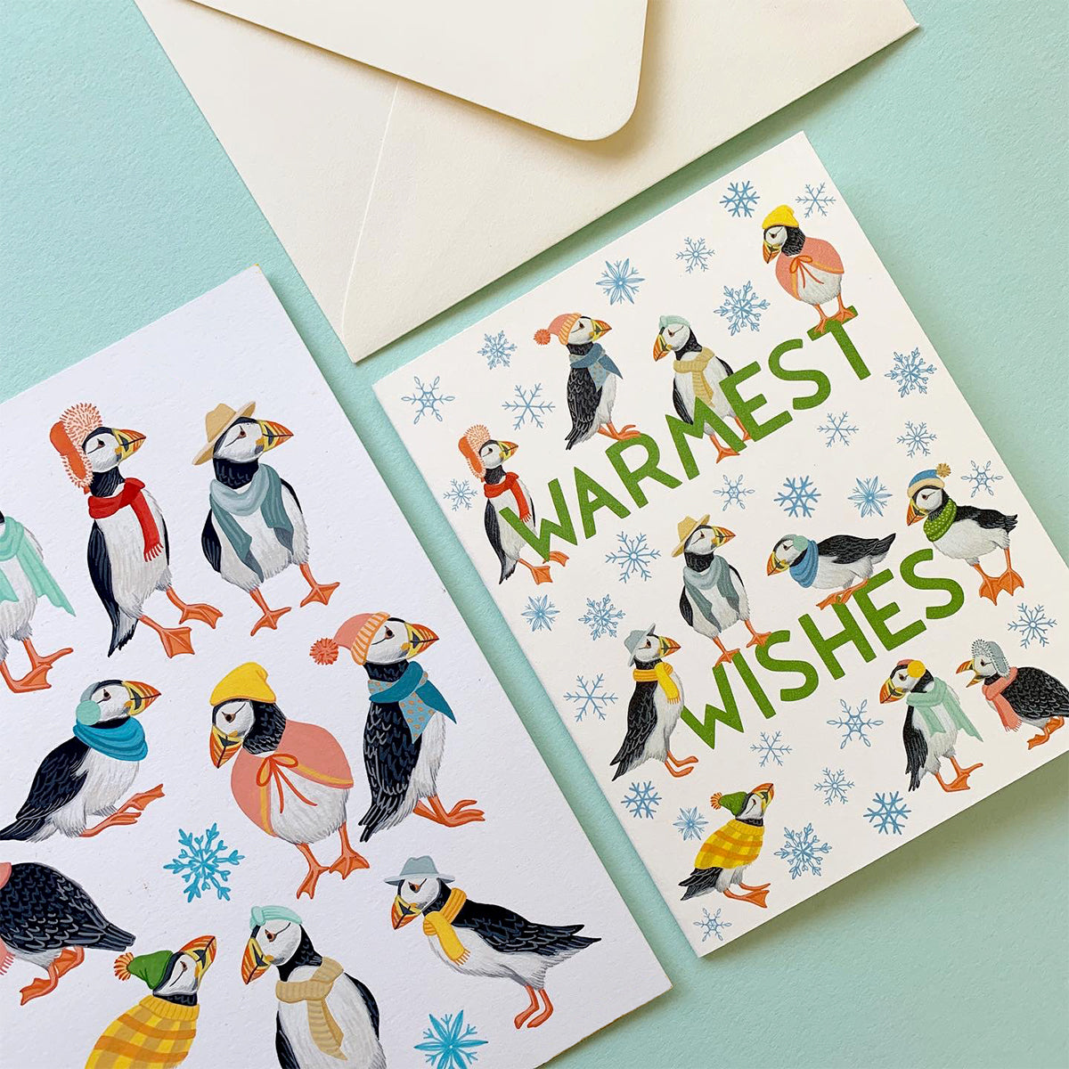 PUFFINS AND SNOWFLAKES - HOLIDAY GREETING CARD