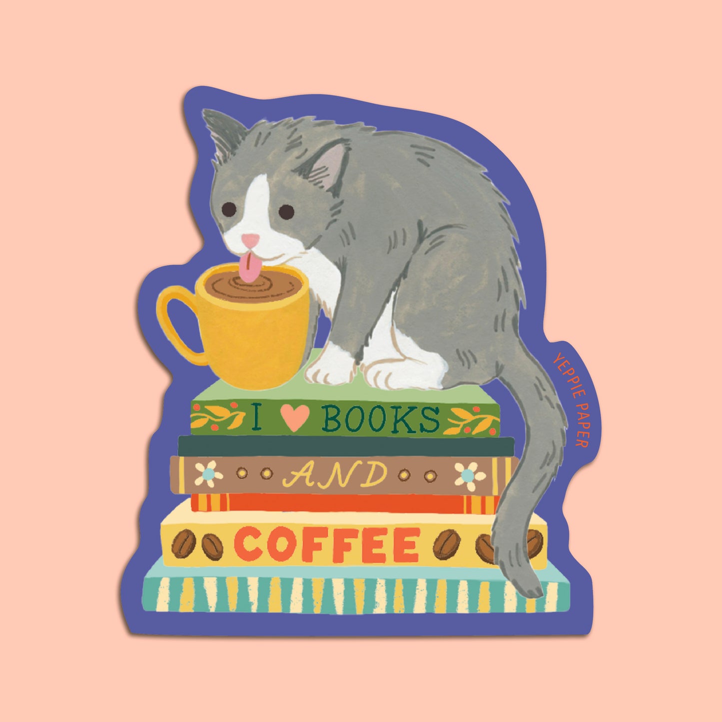 CAT, BOOKS AND COFFEE - DIE CUT STICKER
