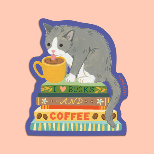 CAT, BOOKS AND COFFEE - DIE CUT STICKER