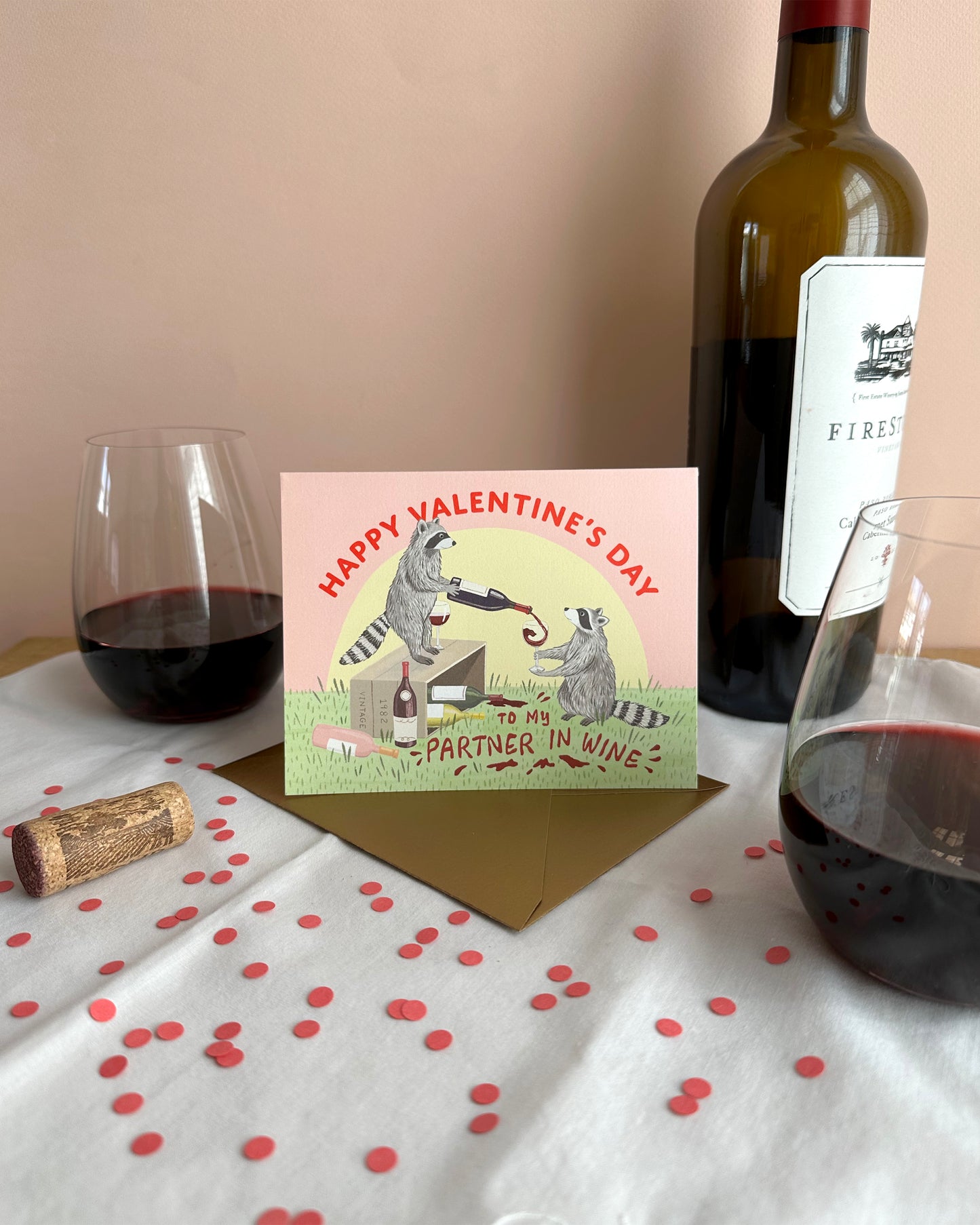 RACCOON PARTNER IN WINE - VALENTINE'S DAY GREETING CARD