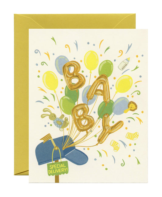 SPECIAL DELIVERY GOLD FOIL BALLOONS - NEW BABY GREETING CARD