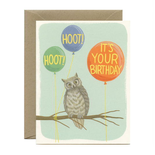 HOOT HOOT OWL AND BALLOONS - BIRTHDAY GREETING CARD