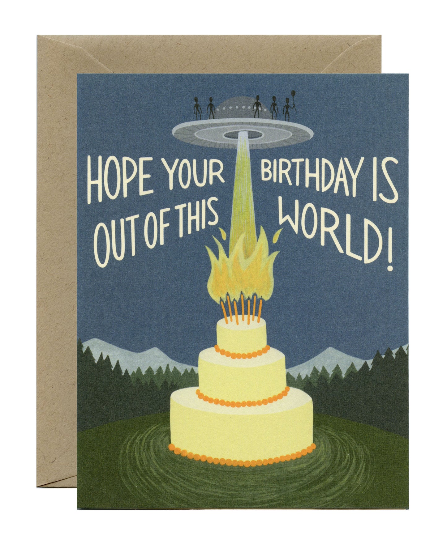 OUT OF THIS WORLD UFO, ALIENS AND CAKE - BIRTHDAY GREETING CARD