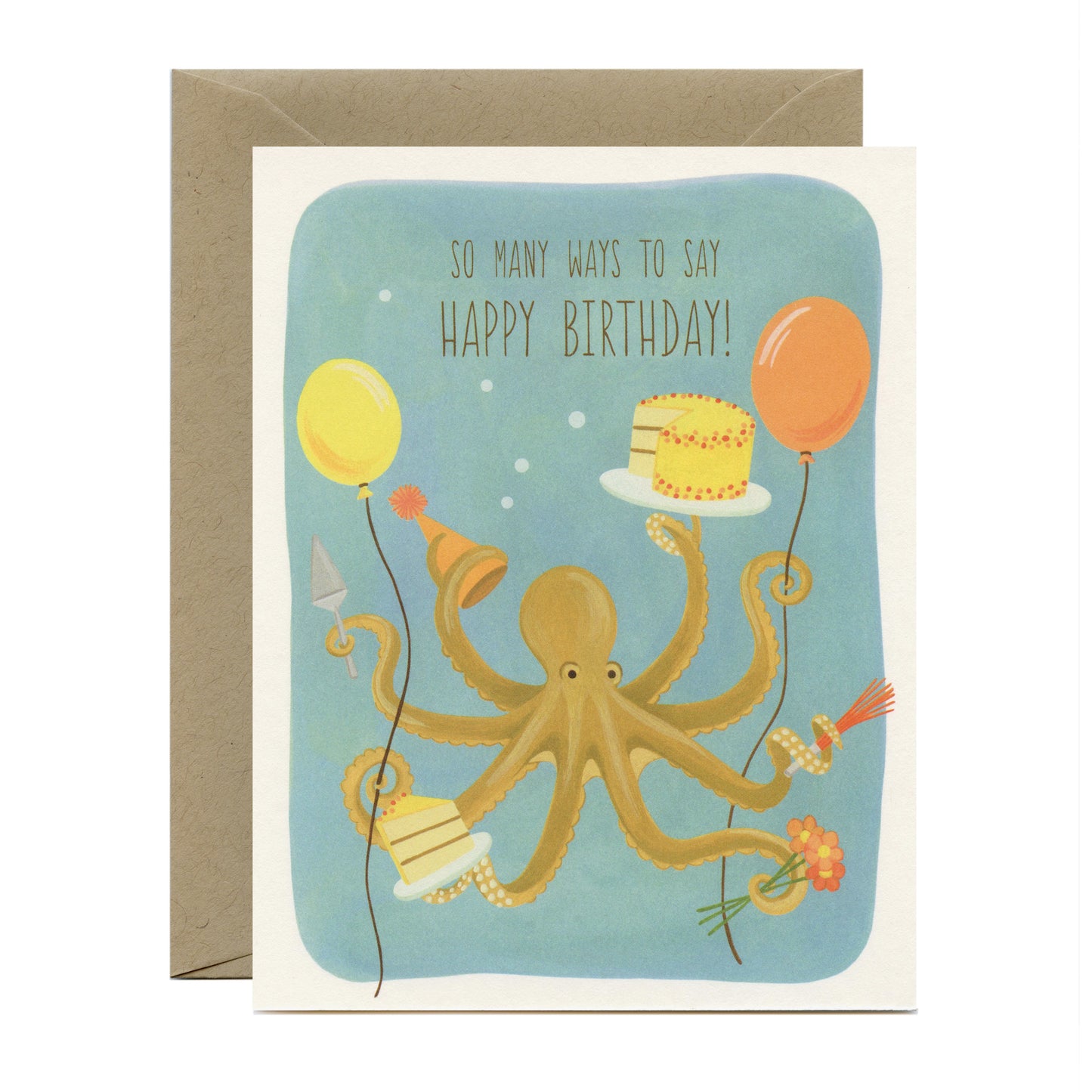 OCTOPUS, CAKE AND BALLOONS - BIRTHDAY GREETING CARD