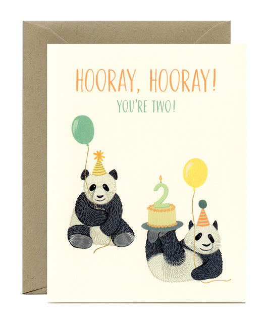 PANDAS, BALLOONS AND CAKE SECOND BIRTHDAY GREETING CARD