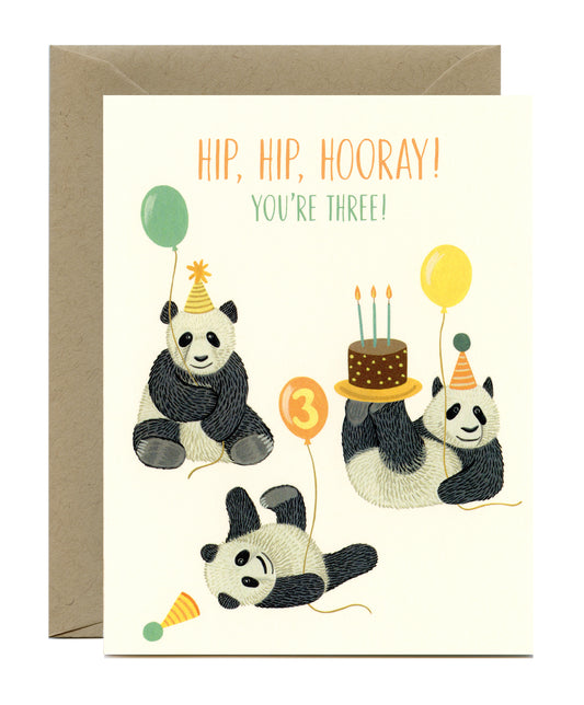 PANDAS, BALLOONS AND CAKE THIRD BIRTHDAY GREETING CARD