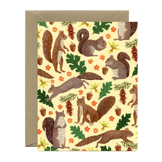 FOREST SQUIRRELS, ACORNS AND FLOWERS - BLANK GREETING CARD
