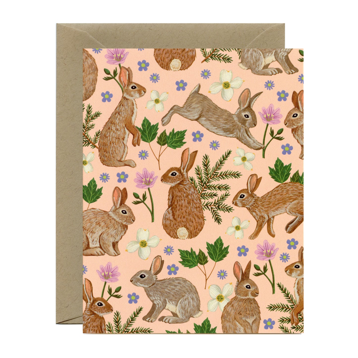 FOREST BUNNIES AND FLOWERS - BLANK GREETING CARD
