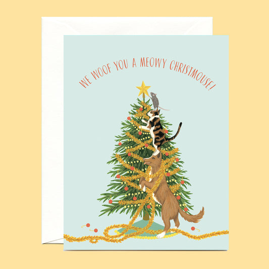 MEOWY CHRISTMOUSE DOG, CAT AND MOUSE - HOLIDAY GREETING CARD