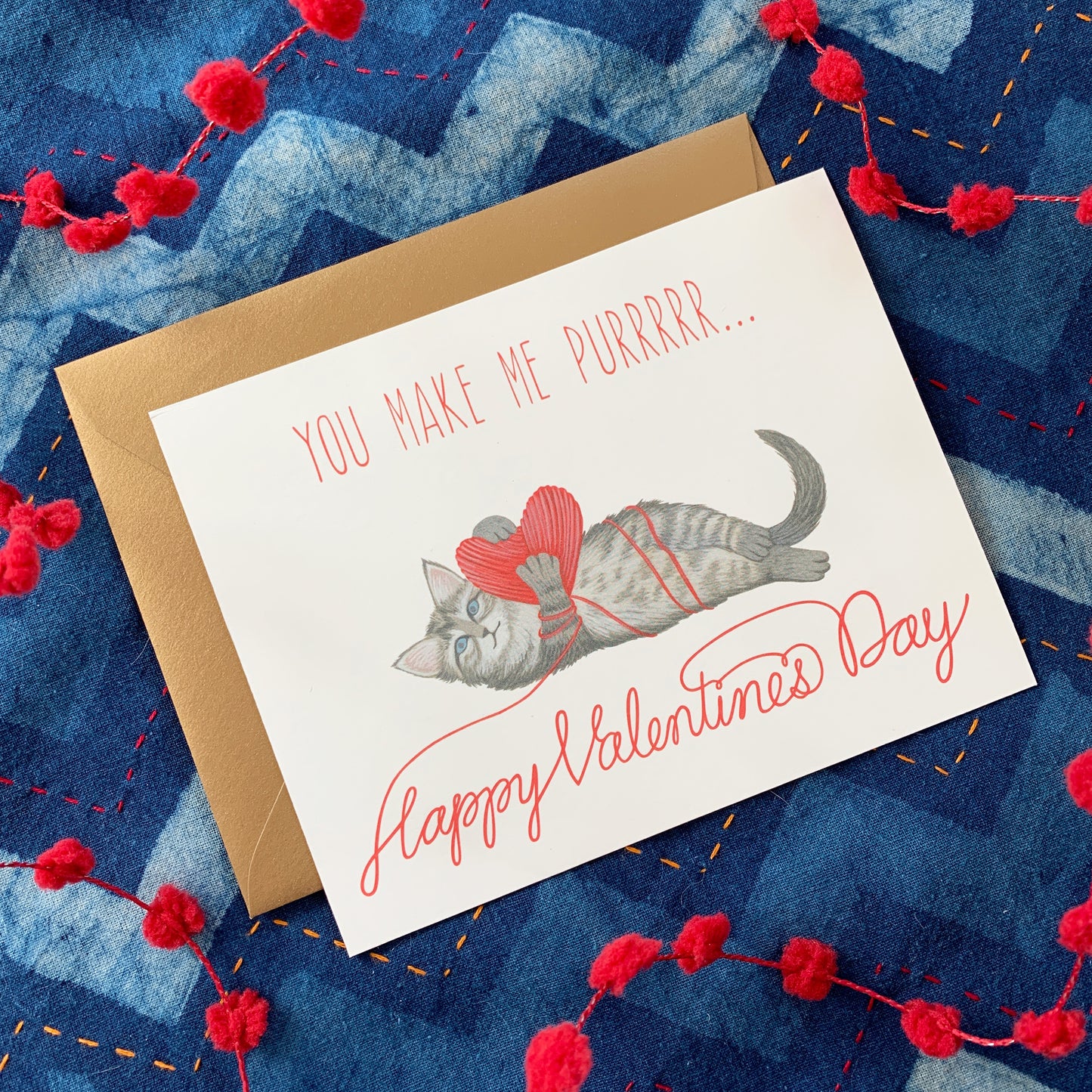 PURRING KITTEN AND BALL OF YARN - VALENTINE'S DAY GREETING CARD